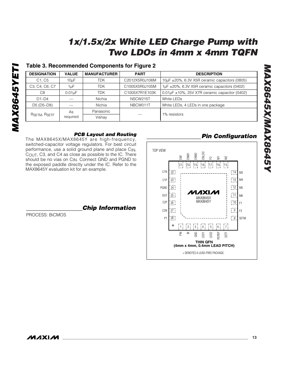 Max8645yeti, Chip information, Pin configuration | Table 3. recommended components for figure 2 | Rainbow Electronics MAX8645Y User Manual | Page 13 / 15