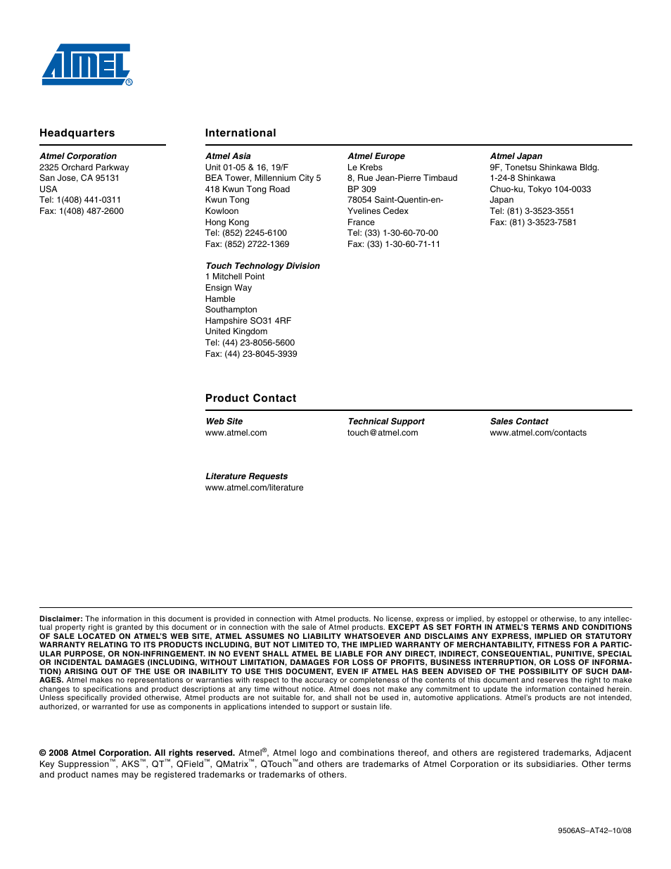 Headquarters international, Product contact | Rainbow Electronics AT42QT4120 User Manual | Page 6 / 6