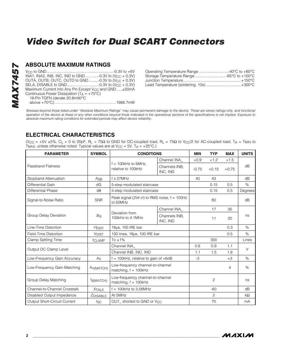 Max7457 video switch for dual scart connectors | Rainbow Electronics MAX7457 User Manual | Page 2 / 8
