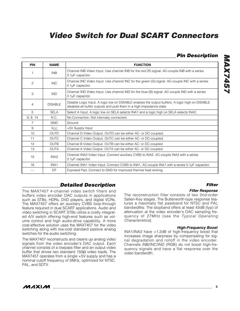 Max7457 video switch for dual scart connectors, Pin description, Detailed description | Rainbow Electronics MAX7457 User Manual | Page 5 / 8