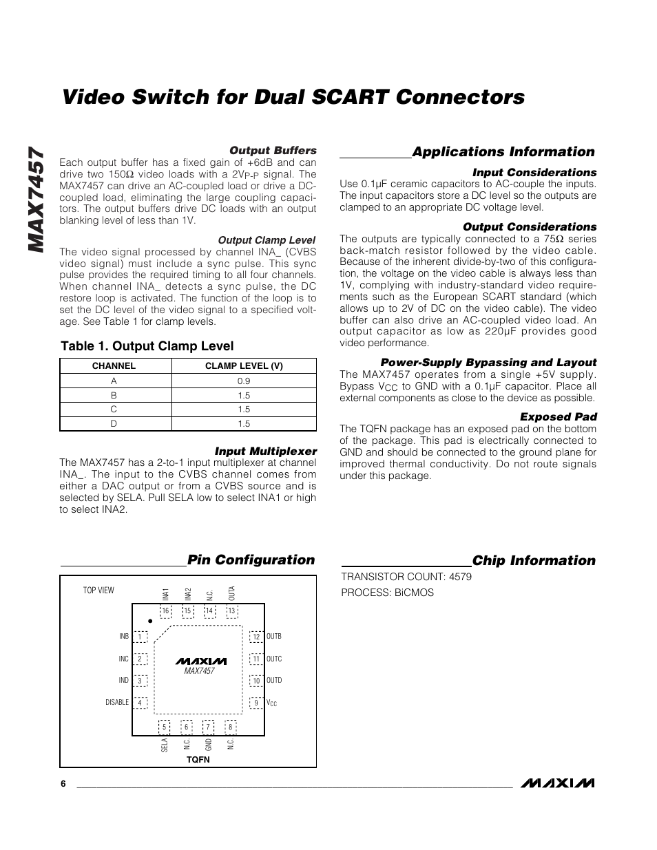 Max7457, Video switch for dual scart connectors, Applications information | Chip information, Pin configuration, Table 1. output clamp level | Rainbow Electronics MAX7457 User Manual | Page 6 / 8