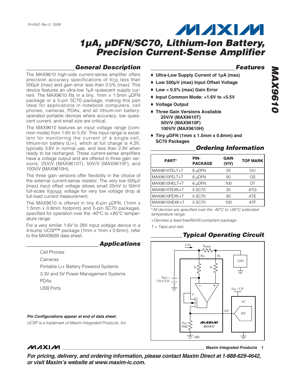 Rainbow Electronics MAX9610 User Manual | 11 pages