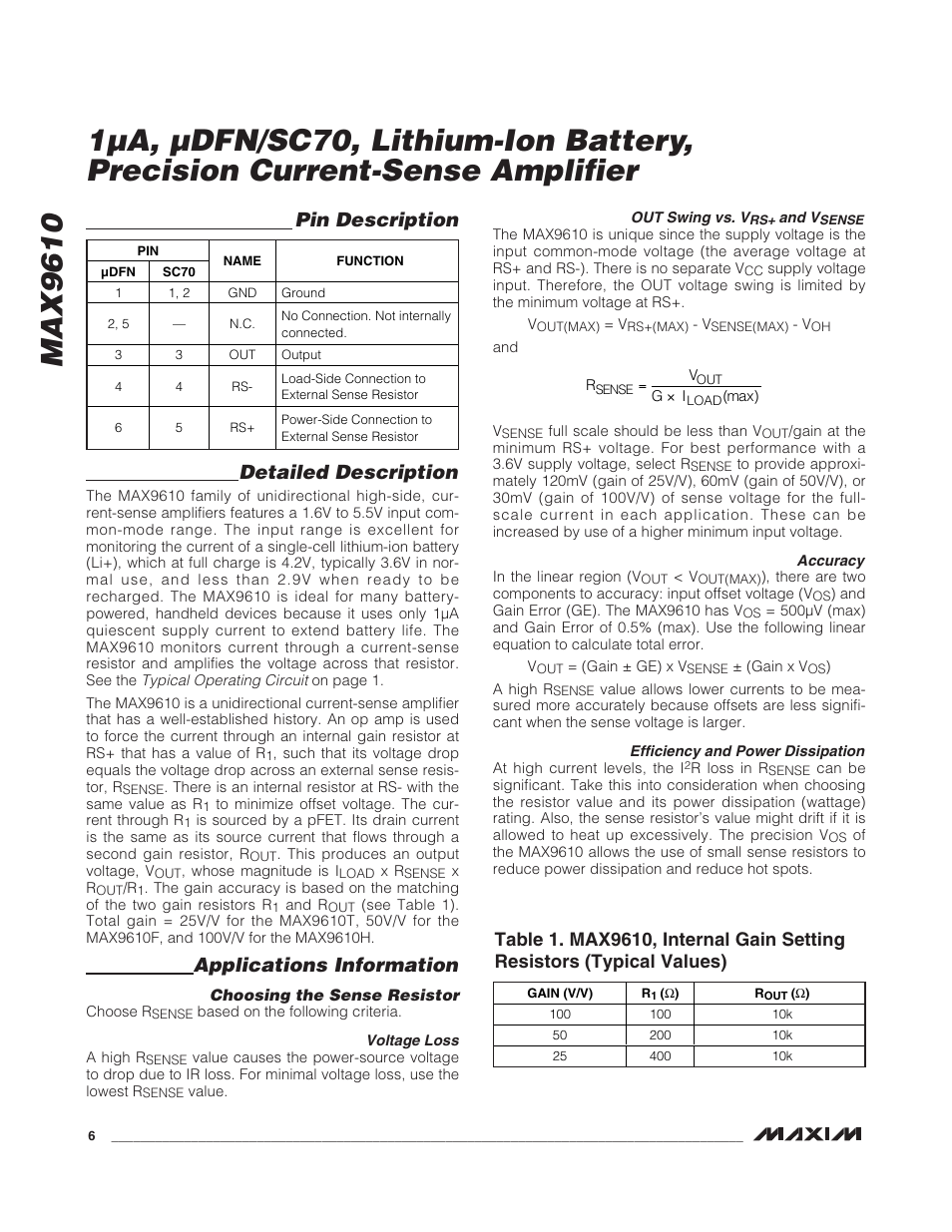 Detailed description, Applications information, Pin description | Rainbow Electronics MAX9610 User Manual | Page 6 / 11