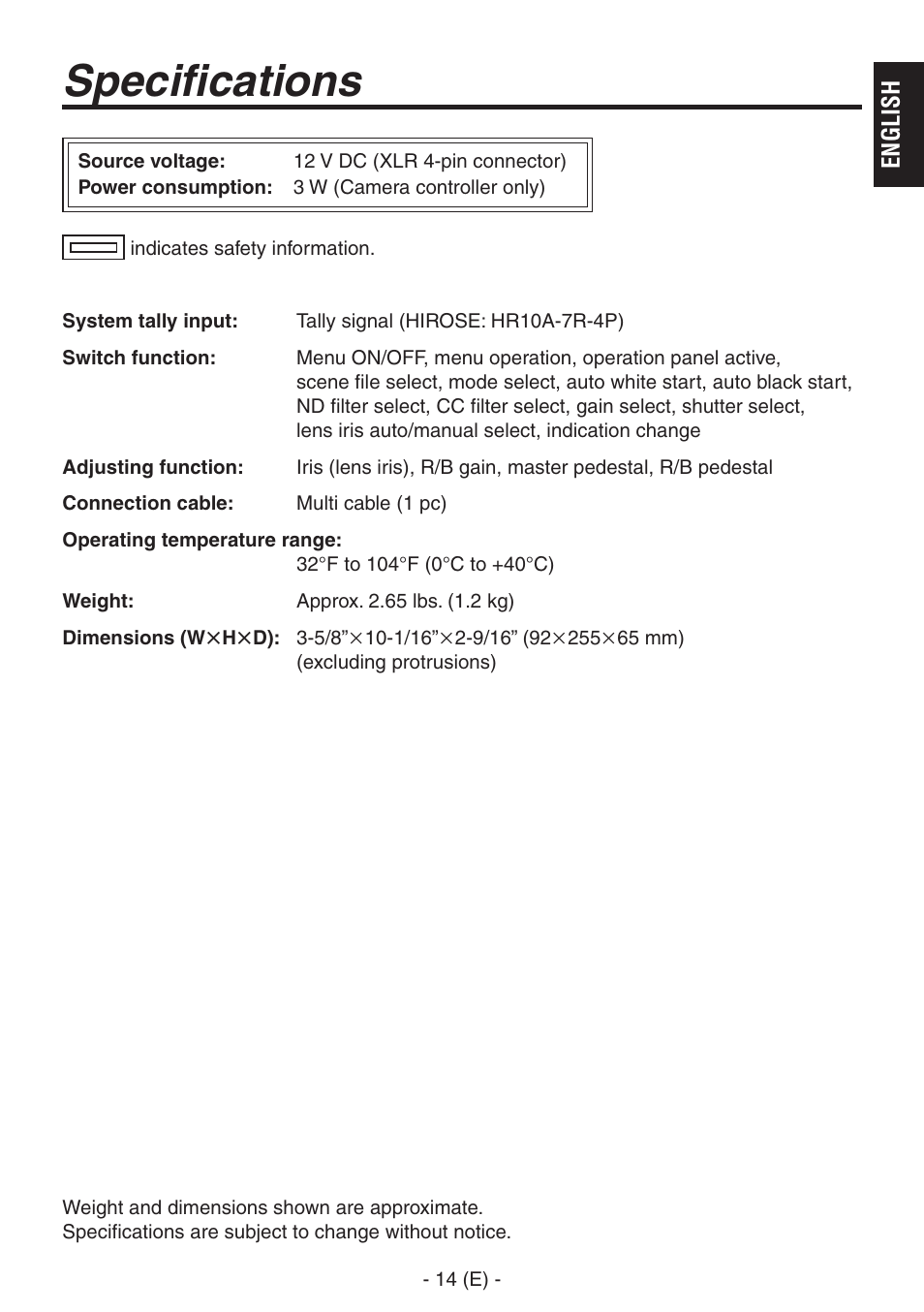 Specifications | Panasonic AK-HRP150 User Manual | Page 15 / 103