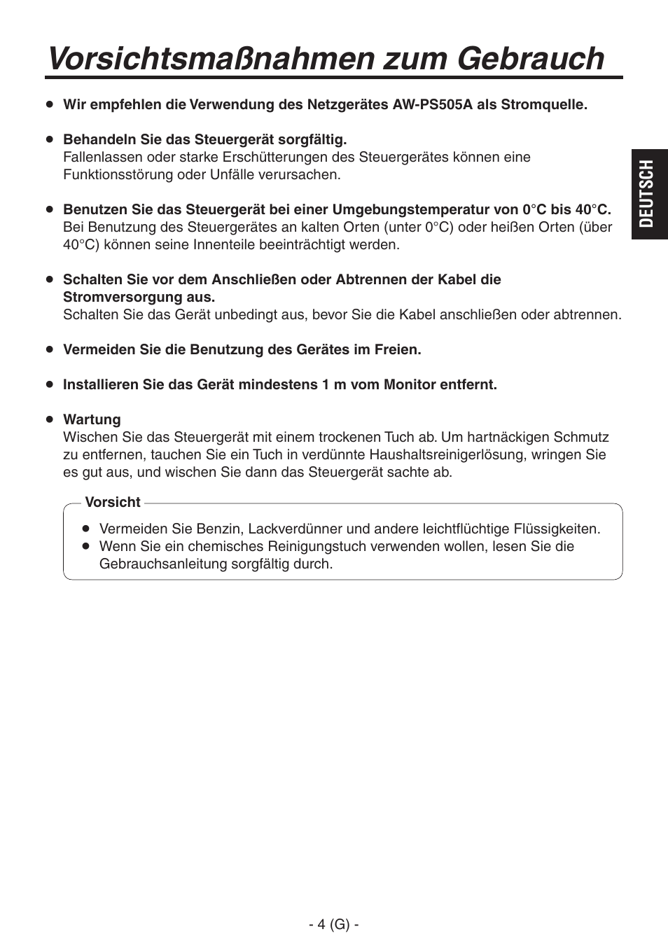 Vorsichtsmaßnahmen zum gebrauch | Panasonic AK-HRP150 User Manual | Page 19 / 103