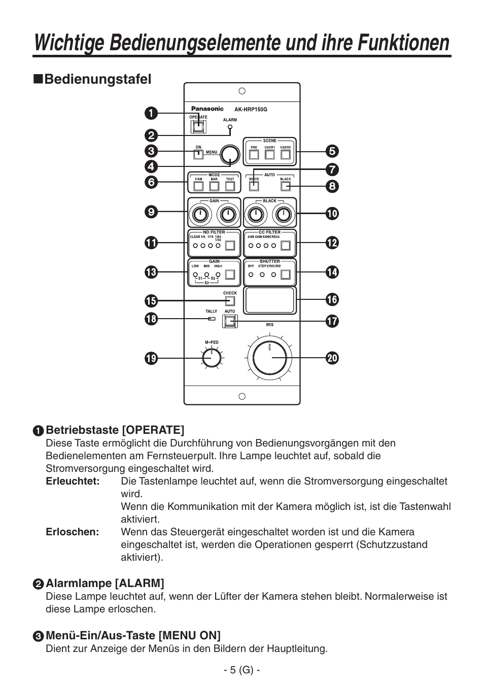 Wichtige bedienungselemente und ihre funktionen, Bedienungstafel | Panasonic AK-HRP150 User Manual | Page 20 / 103