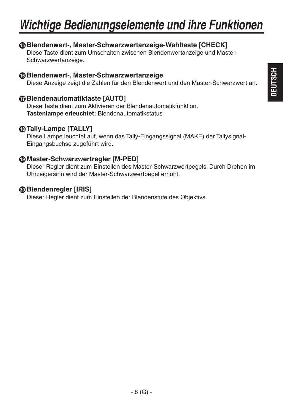 Wichtige bedienungselemente und ihre funktionen | Panasonic AK-HRP150 User Manual | Page 23 / 103