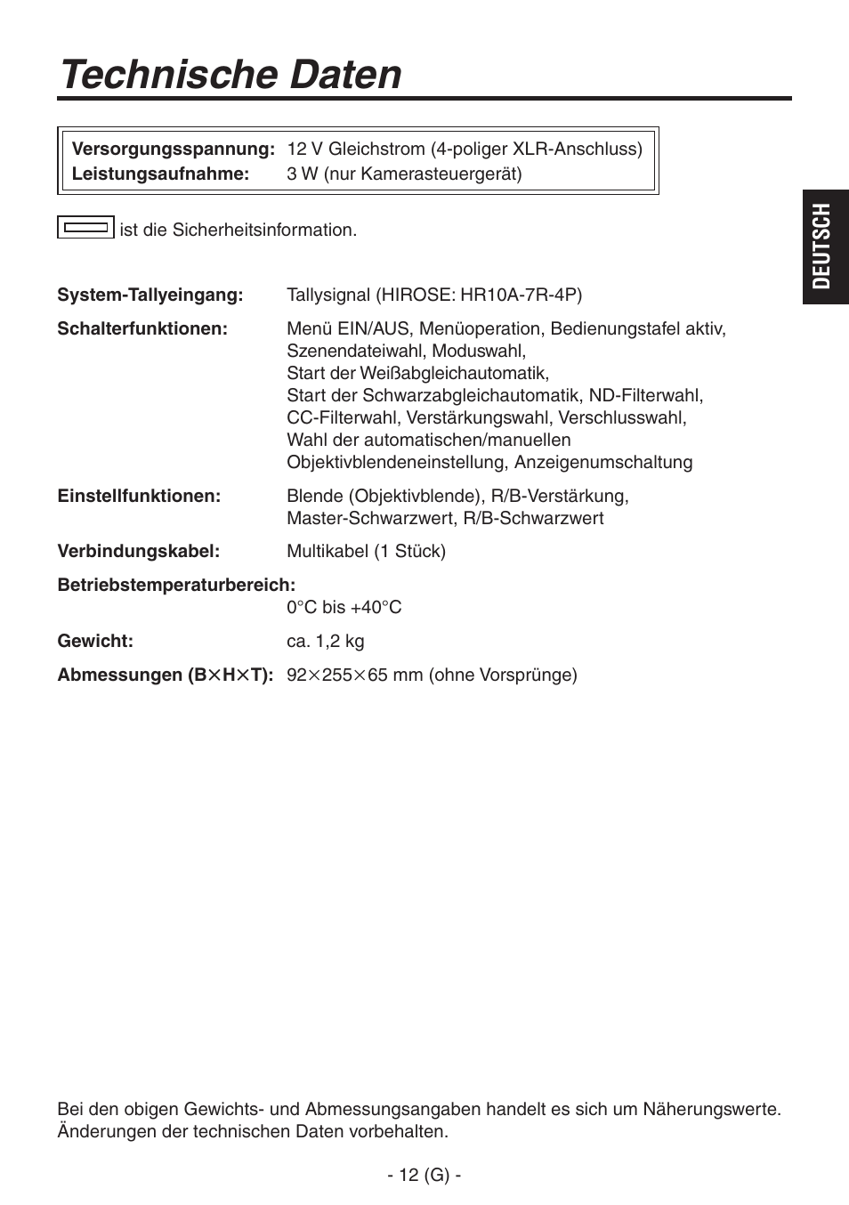 Technische daten | Panasonic AK-HRP150 User Manual | Page 27 / 103