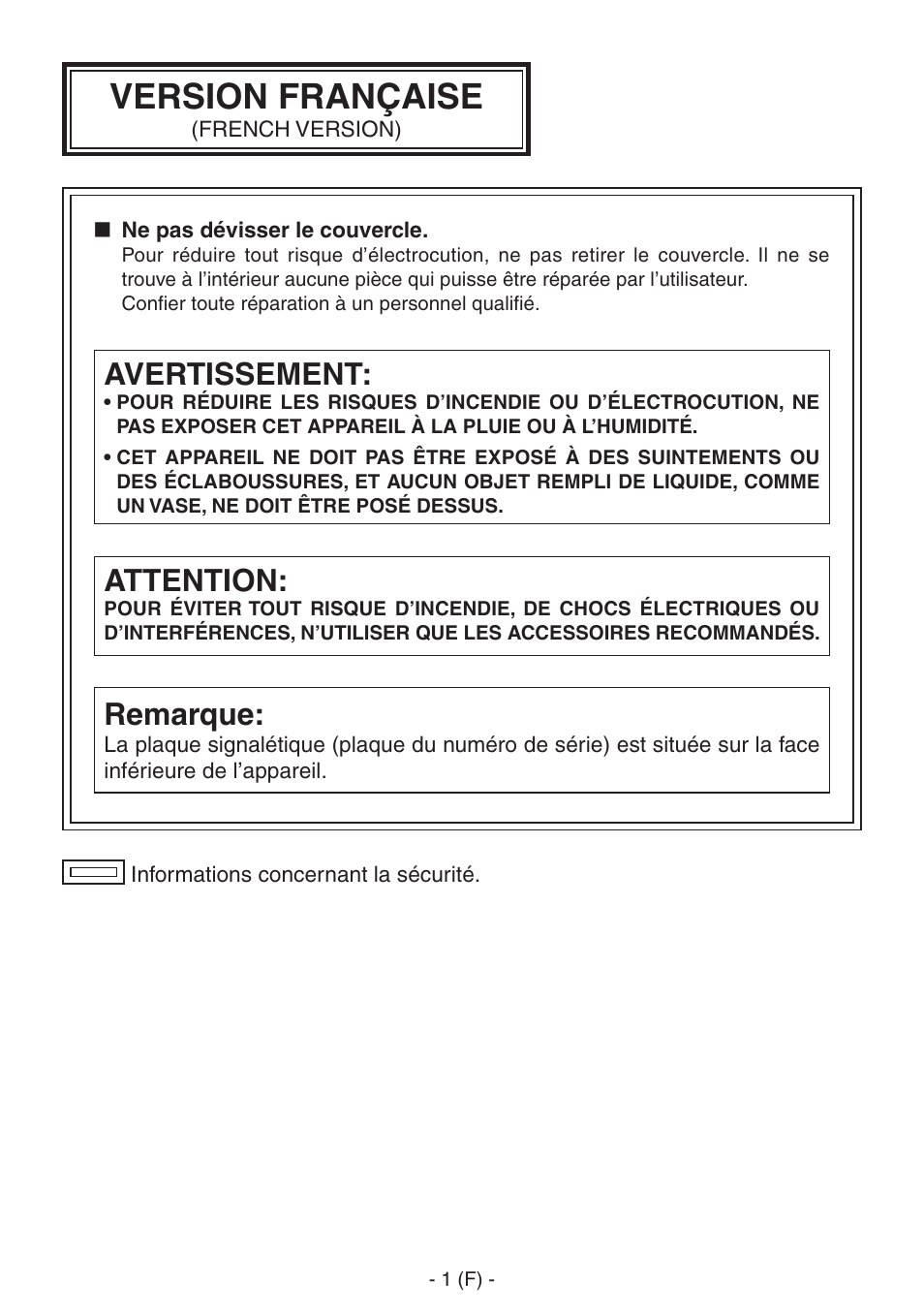 03ak-hrp150g_f.pdf, Version française, Attention | Remarque, Avertissement | Panasonic AK-HRP150 User Manual | Page 28 / 103