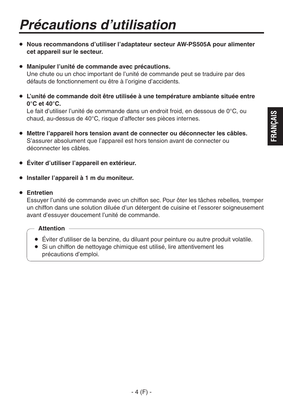 Précautions d’utilisation | Panasonic AK-HRP150 User Manual | Page 31 / 103