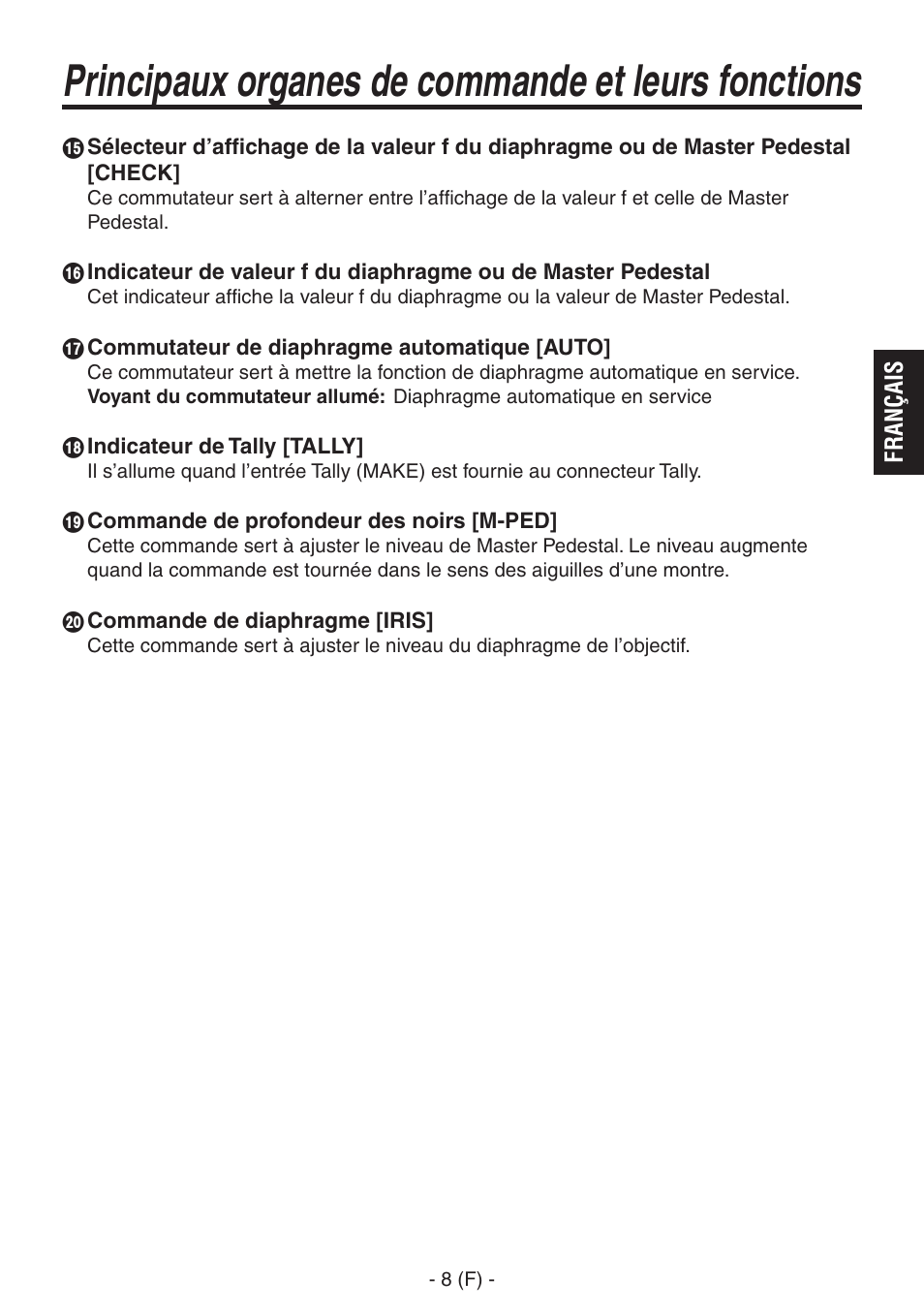 Principaux organes de commande et leurs fonctions | Panasonic AK-HRP150 User Manual | Page 35 / 103