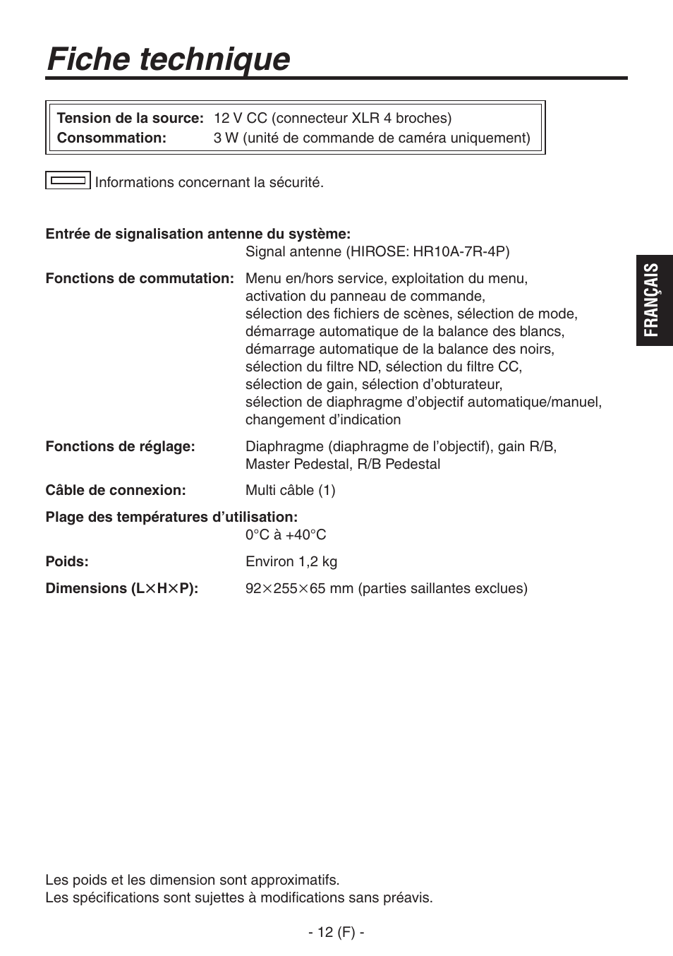 Fiche technique | Panasonic AK-HRP150 User Manual | Page 39 / 103