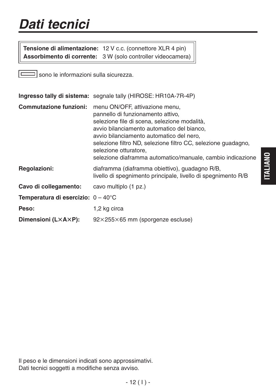 Dati tecnici | Panasonic AK-HRP150 User Manual | Page 51 / 103