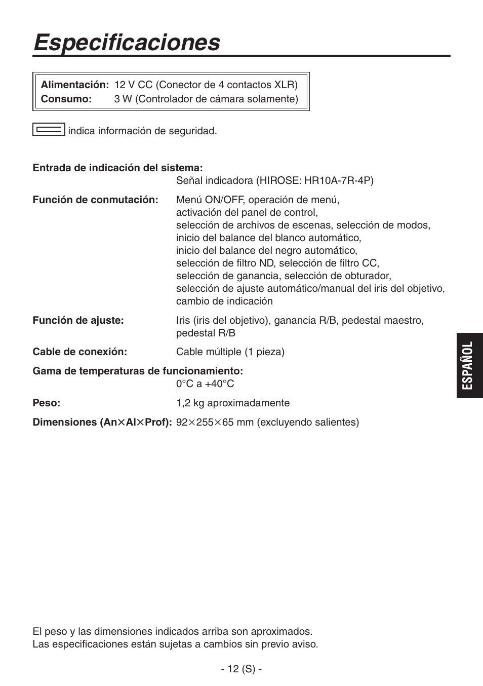 Especificaciones | Panasonic AK-HRP150 User Manual | Page 63 / 103