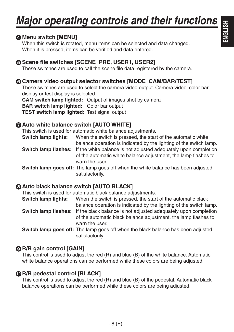 Major operating controls and their functions | Panasonic AK-HRP150 User Manual | Page 9 / 103