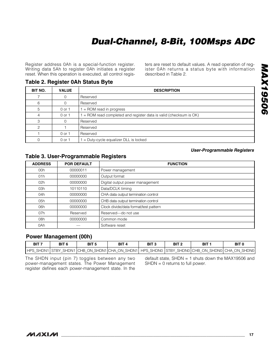 Table 2. register 0ah status byte, Table 3. user-programmable registers, Power management (00h) | Rainbow Electronics MAX19506 User Manual | Page 17 / 34