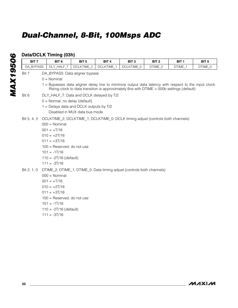 Data/dclk timing (03h) | Rainbow Electronics MAX19506 User Manual | Page 20 / 34