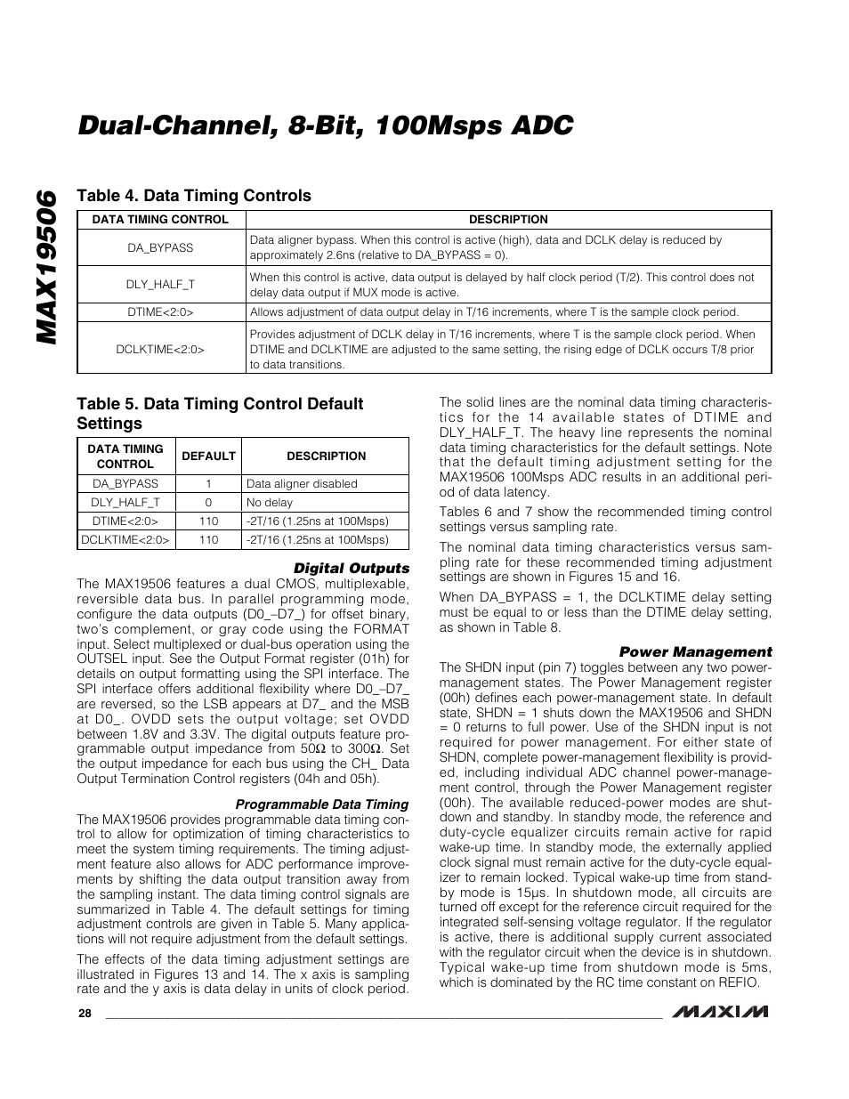 Table 4. data timing controls, Table 5. data timing control default settings | Rainbow Electronics MAX19506 User Manual | Page 28 / 34