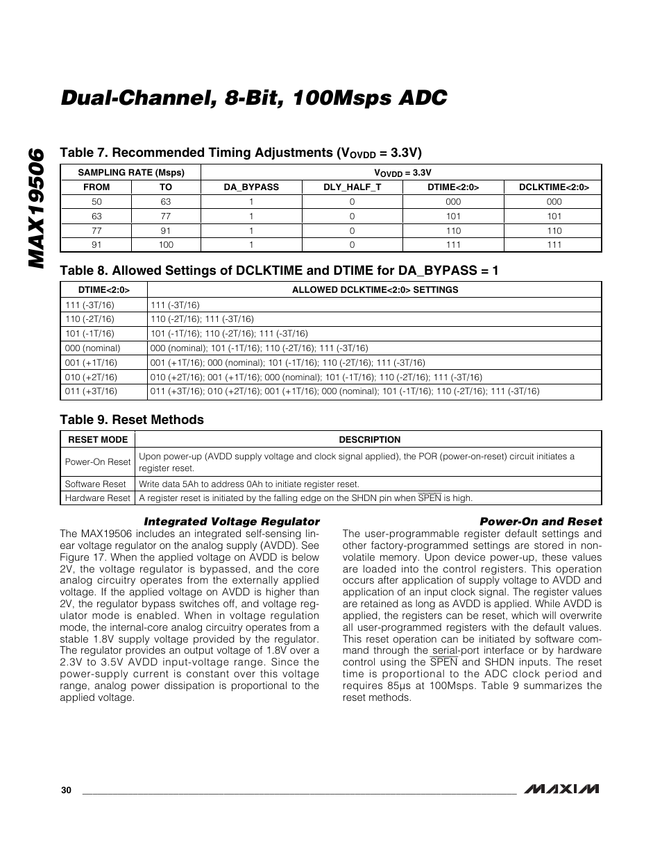 Table 7. recommended timing adjustments (v, Table 9. reset methods | Rainbow Electronics MAX19506 User Manual | Page 30 / 34