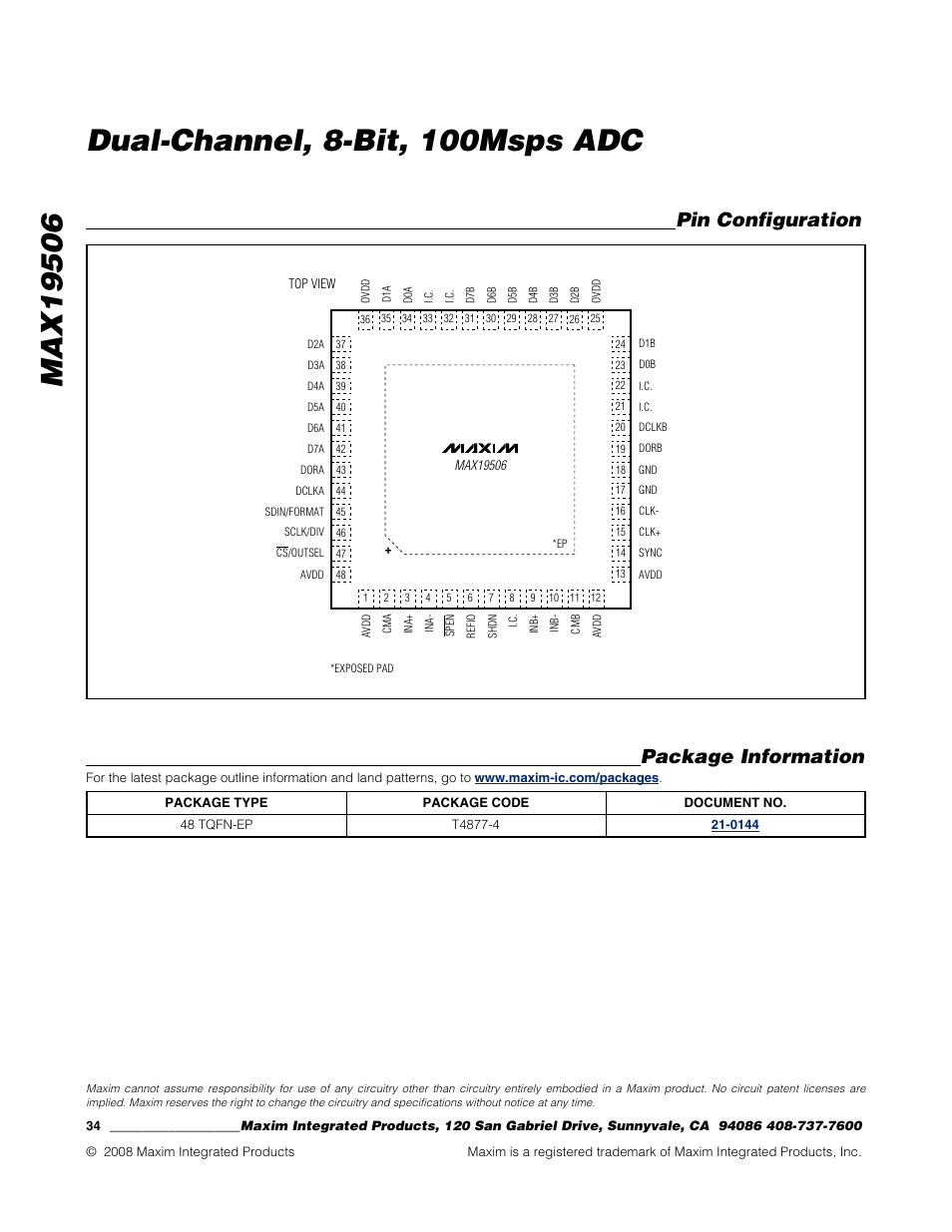 Package information, Pin configuration | Rainbow Electronics MAX19506 User Manual | Page 34 / 34