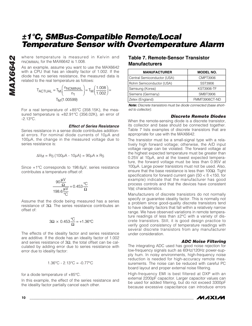 Max6642, Table 7. remote-sensor transistor manufacturers | Rainbow Electronics MAX6642 User Manual | Page 10 / 13