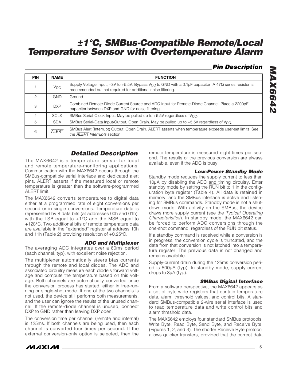 Detailed description, Pin description | Rainbow Electronics MAX6642 User Manual | Page 5 / 13