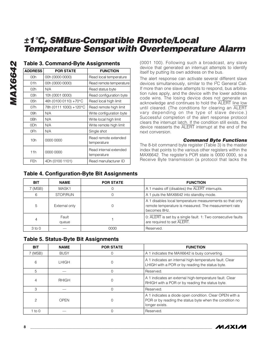 Max6642, Table 3. command-byte assignments, Table 4. configuration-byte bit assignments | Table 5. status-byte bit assignments | Rainbow Electronics MAX6642 User Manual | Page 8 / 13