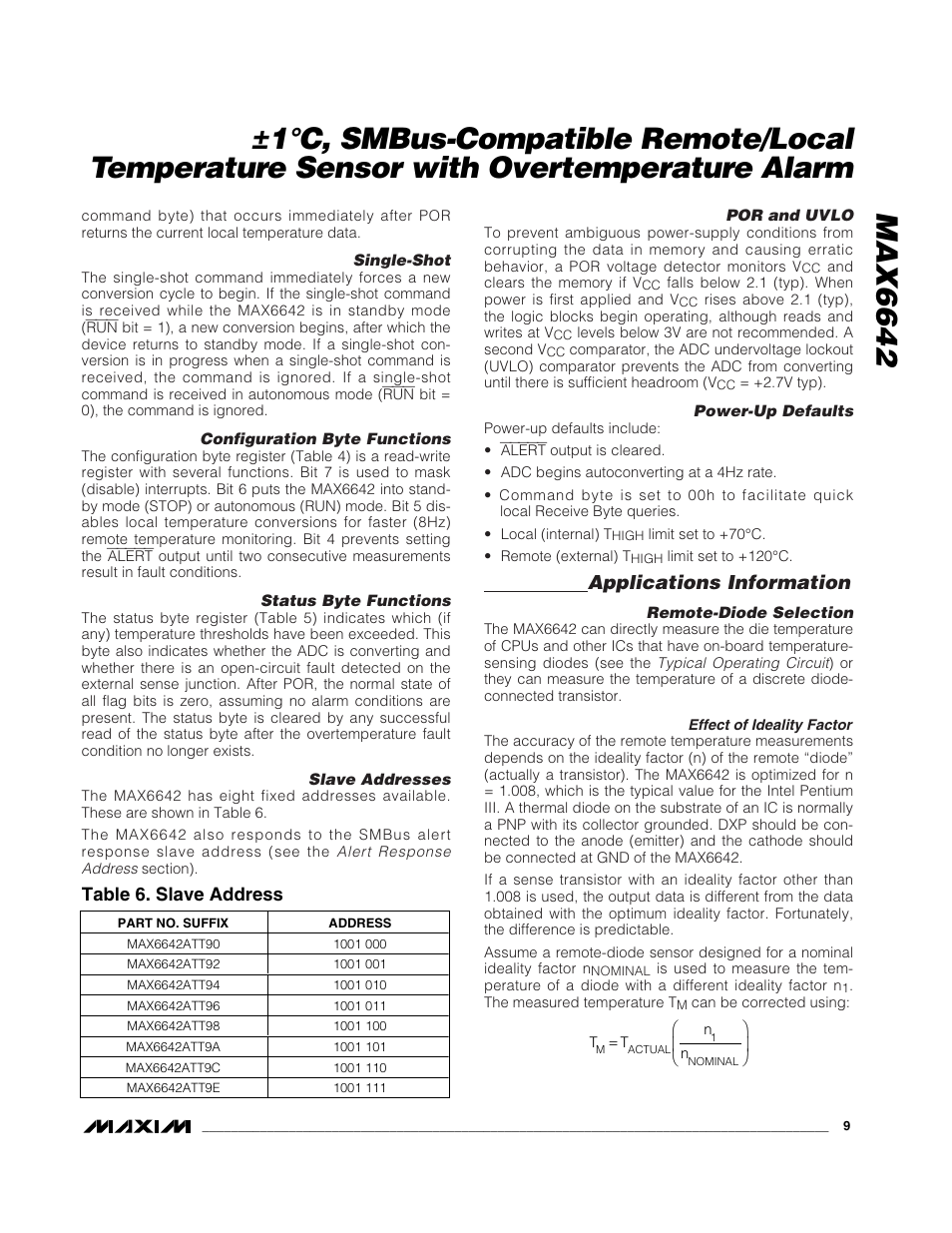 Applications information, Table 6. slave address | Rainbow Electronics MAX6642 User Manual | Page 9 / 13