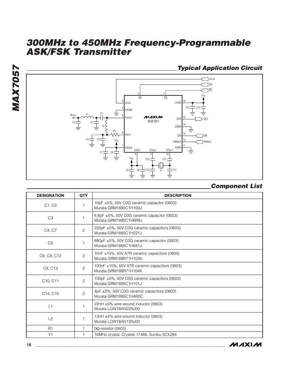 Typical application circuit component list | Rainbow Electronics MAX7057 User Manual | Page 18 / 19