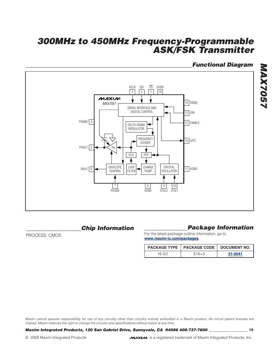 Functional diagram chip information, Package information | Rainbow Electronics MAX7057 User Manual | Page 19 / 19