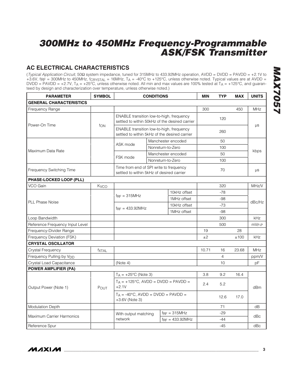Ac electrical characteristics | Rainbow Electronics MAX7057 User Manual | Page 3 / 19