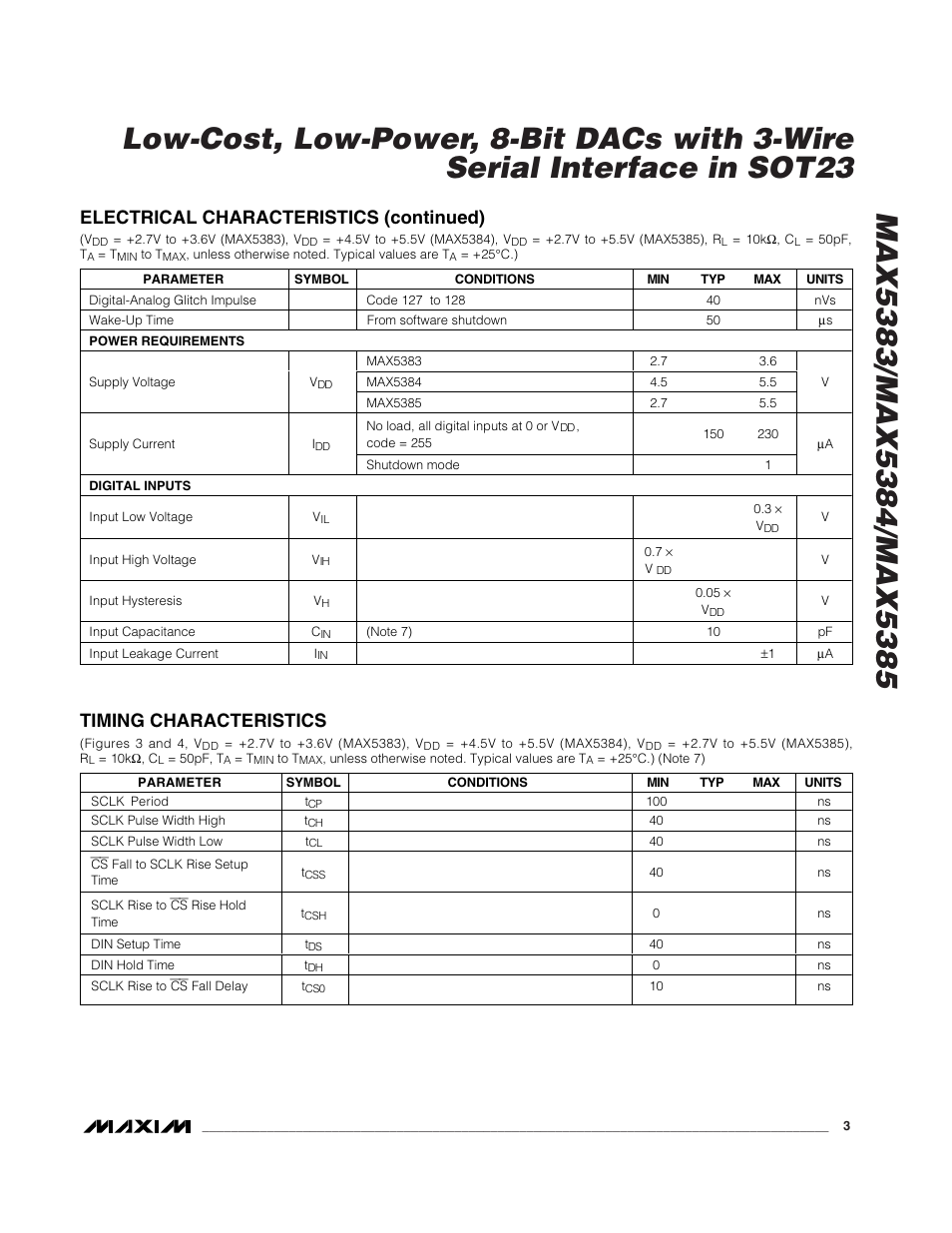 Electrical characteristics (continued), Timing characteristics | Rainbow Electronics MAX5385 User Manual | Page 3 / 12