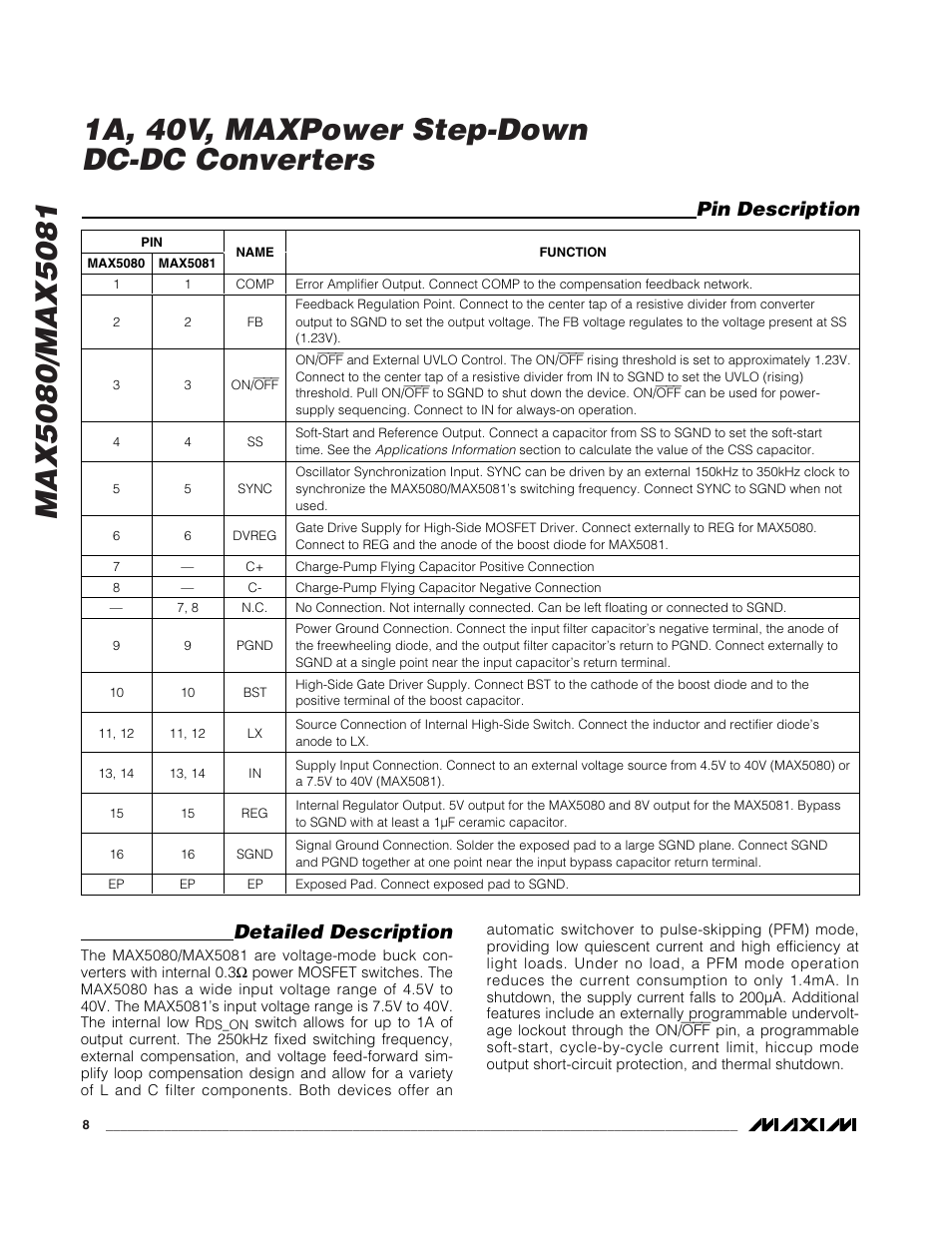 Detailed description, Pin description | Rainbow Electronics MAX5081 User Manual | Page 8 / 19