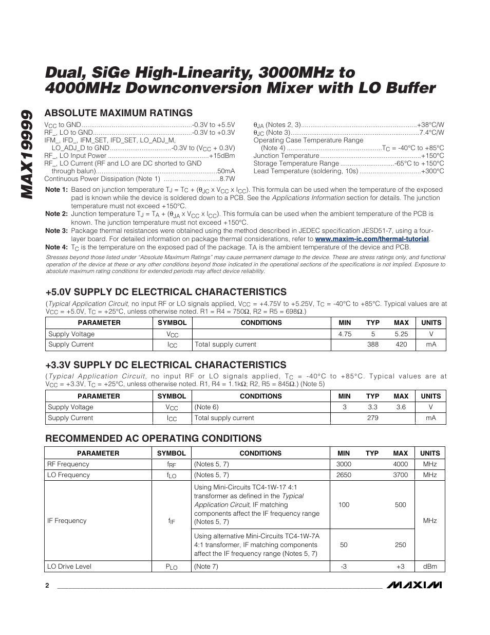 3v supply dc electrical characteristics, Recommended ac operating conditions | Rainbow Electronics MAX19999 User Manual | Page 2 / 19