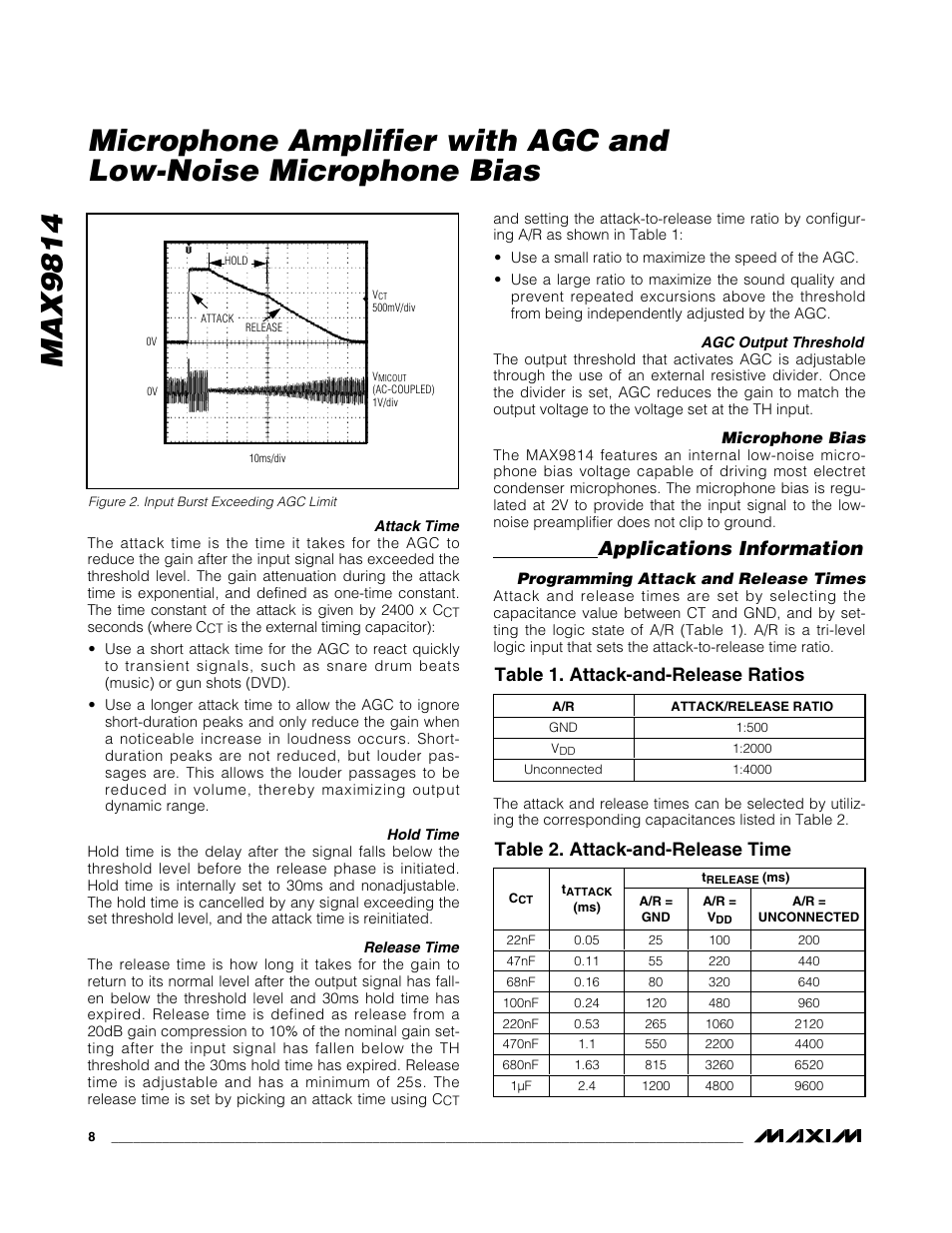 Applications information, Table 1. attack-and-release ratios, Table 2. attack-and-release time | Rainbow Electronics MAX9814 User Manual | Page 8 / 14