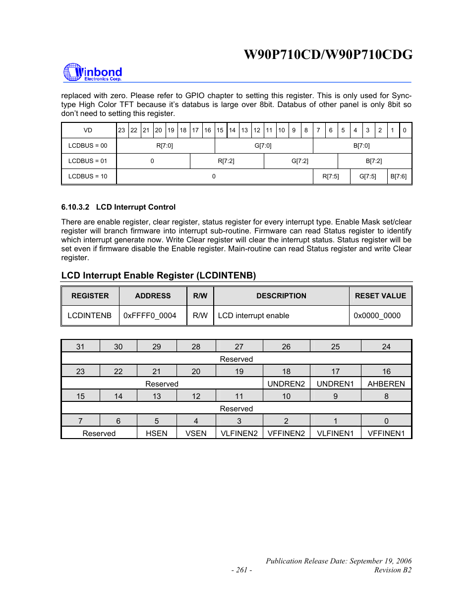 Lcd interrupt enable register (lcdintenb) | Rainbow Electronics W90P710CDG User Manual | Page 261 / 552