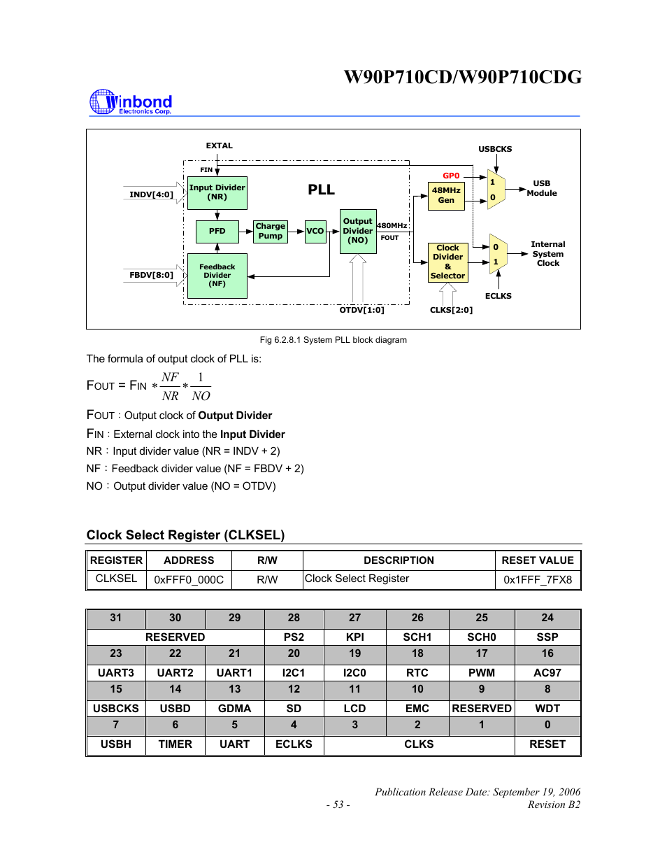 No nr nf 1 ∗ ∗ f, Clock select register (clksel) | Rainbow Electronics W90P710CDG User Manual | Page 53 / 552