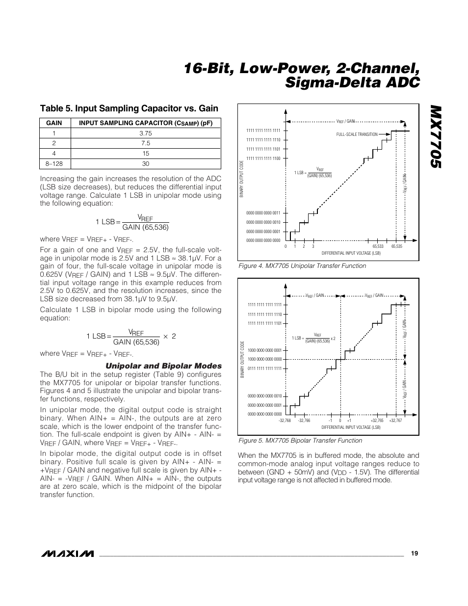 Table 5. input sampling capacitor vs. gain, Unipolar and bipolar modes | Rainbow Electronics MX7705 User Manual | Page 19 / 34
