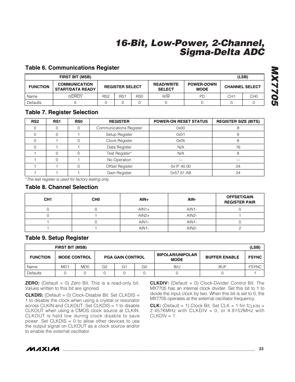 Table 6. communications register, Table 7. register selection, Table 8. channel selection | Table 9. setup register | Rainbow Electronics MX7705 User Manual | Page 23 / 34