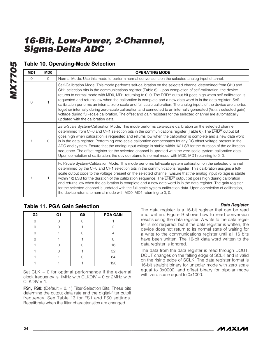 Mx7705, Bit, low-power, 2-channel, sigma-delta adc, Table 10. operating-mode selection | Table 11. pga gain selection | Rainbow Electronics MX7705 User Manual | Page 24 / 34