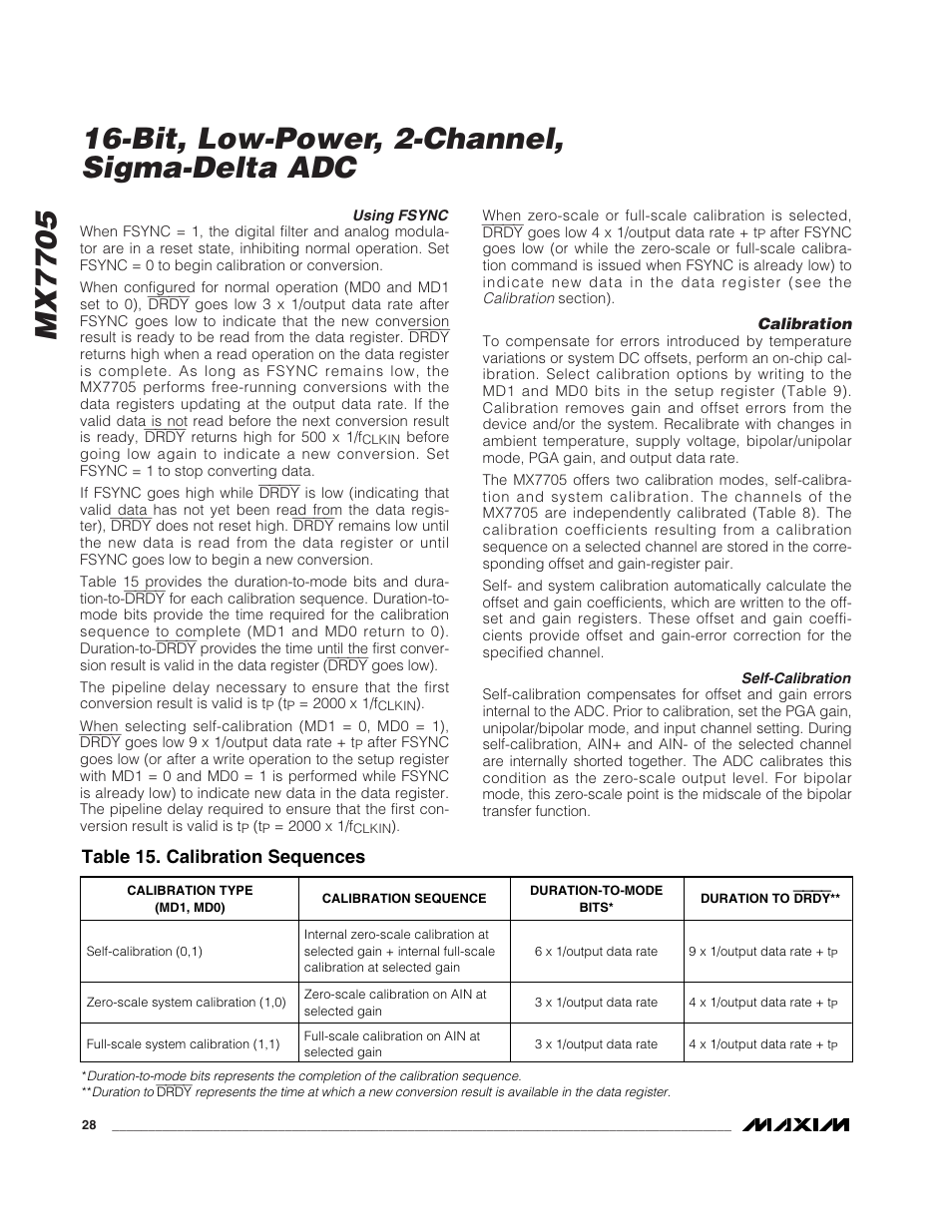 Mx7705, Bit, low-power, 2-channel, sigma-delta adc, Table 15. calibration sequences | Rainbow Electronics MX7705 User Manual | Page 28 / 34