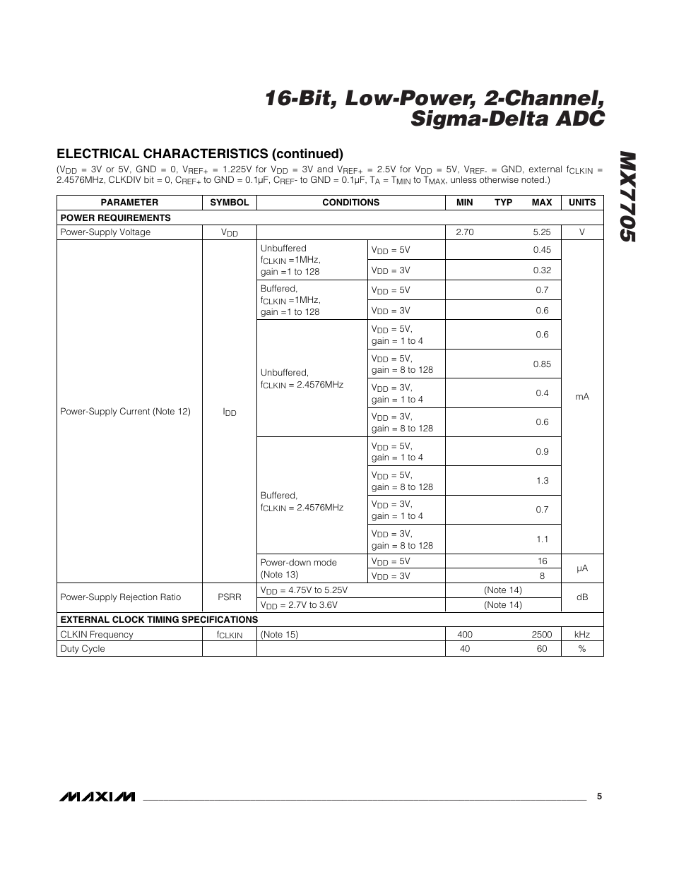 Electrical characteristics (continued) | Rainbow Electronics MX7705 User Manual | Page 5 / 34