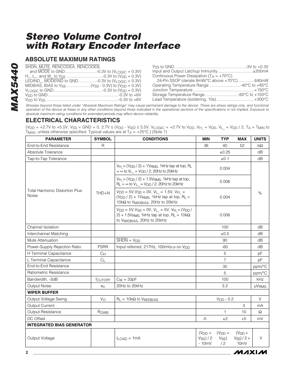 Absolute maximum ratings, Electrical characteristics | Rainbow Electronics MAX5440 User Manual | Page 2 / 16