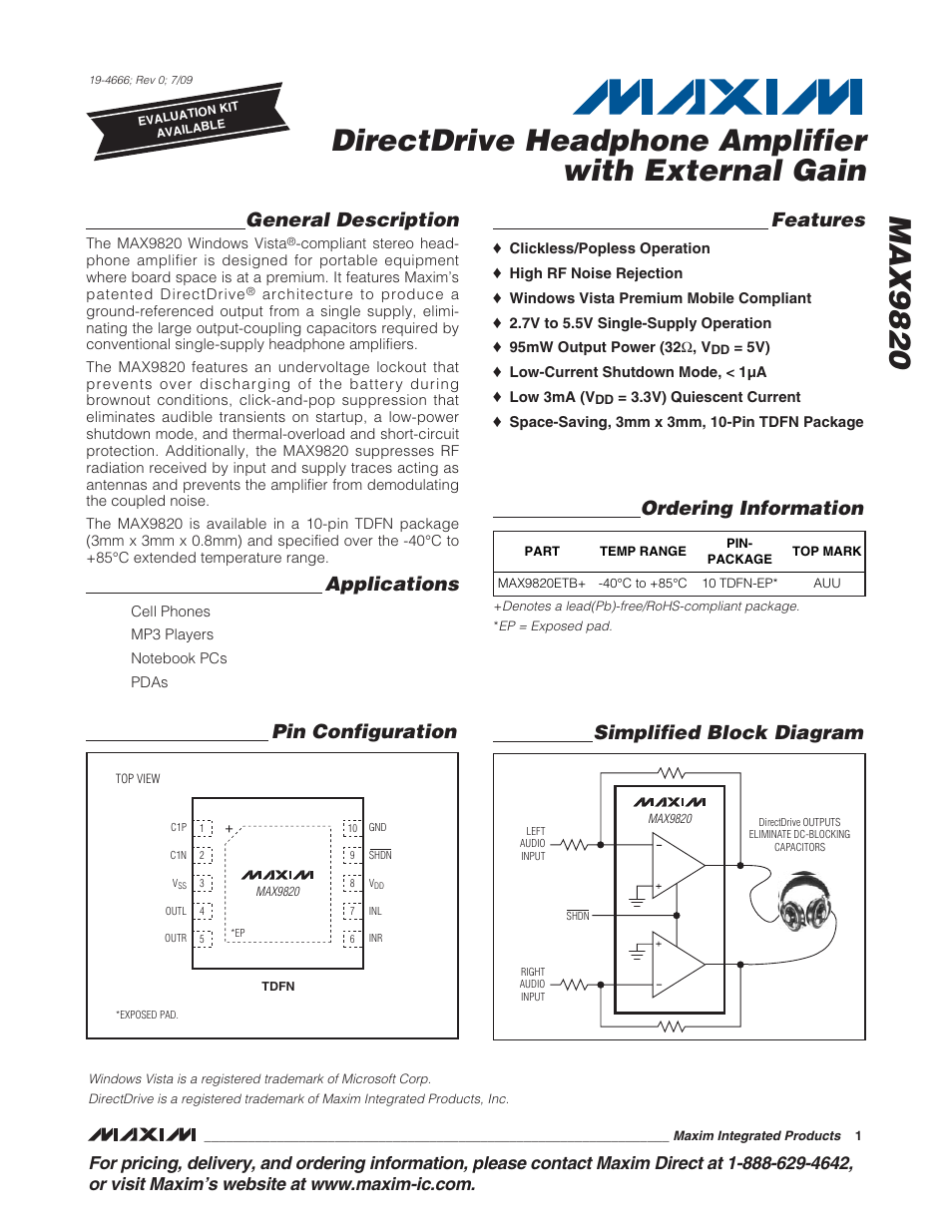 Rainbow Electronics MAX9820 User Manual | 13 pages