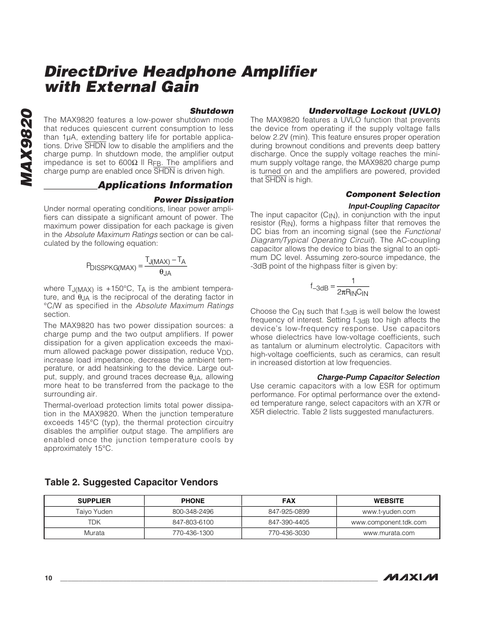 Max9820, Directdrive headphone amplifier with external gain, Applications information | Table 2. suggested capacitor vendors | Rainbow Electronics MAX9820 User Manual | Page 10 / 13