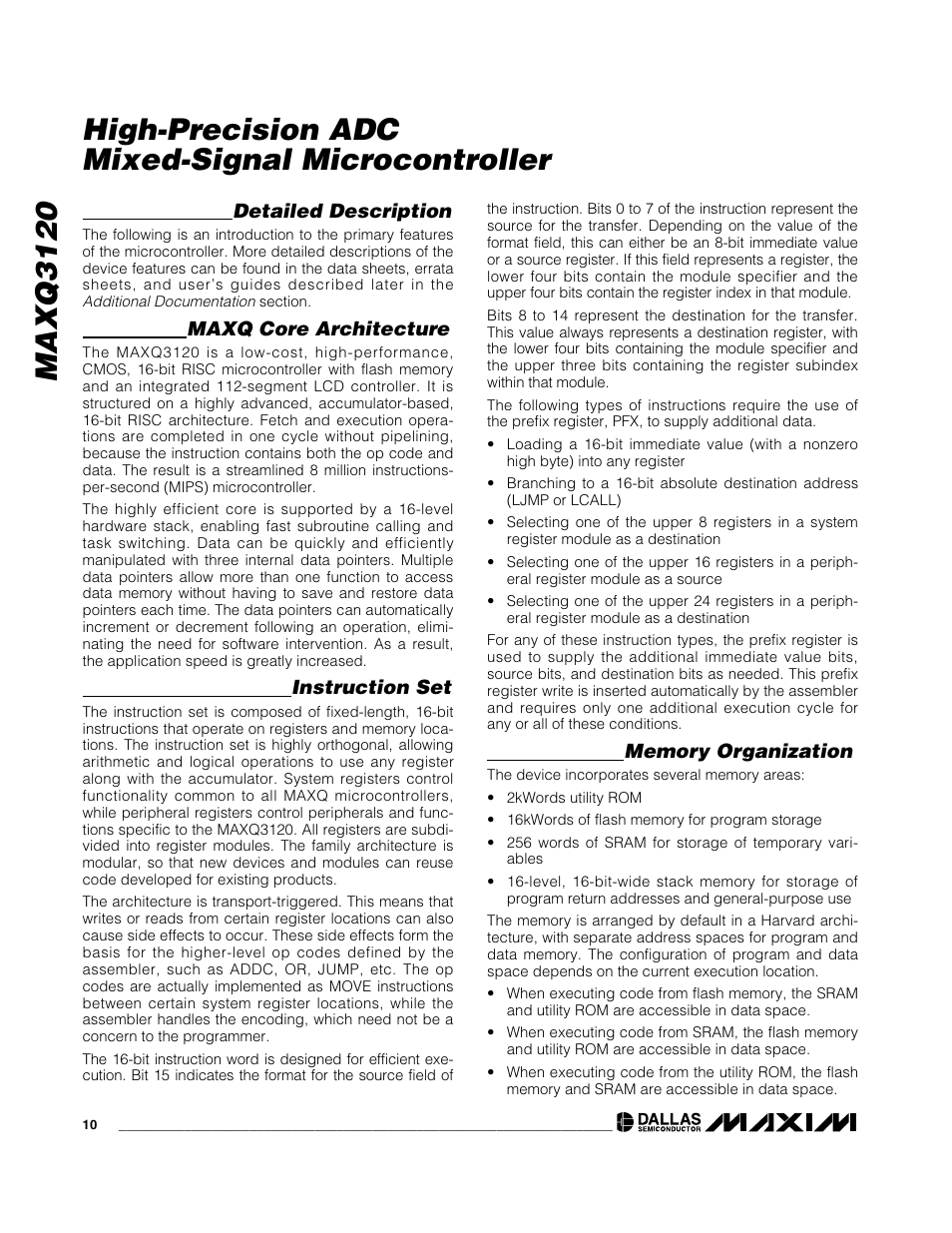 Detailed description, Maxq core architecture, Instruction set | Rainbow Electronics MAXQ3120 User Manual | Page 10 / 33