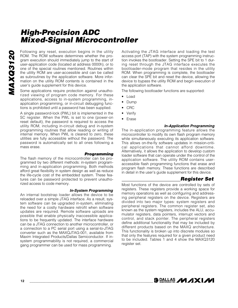 Maxq3120, High-precision adc mixed-signal microcontroller, Register set | Rainbow Electronics MAXQ3120 User Manual | Page 12 / 33