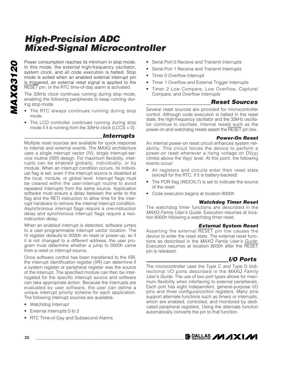 Maxq3120, High-precision adc mixed-signal microcontroller, Interrupts | Reset sources, I/o ports | Rainbow Electronics MAXQ3120 User Manual | Page 22 / 33