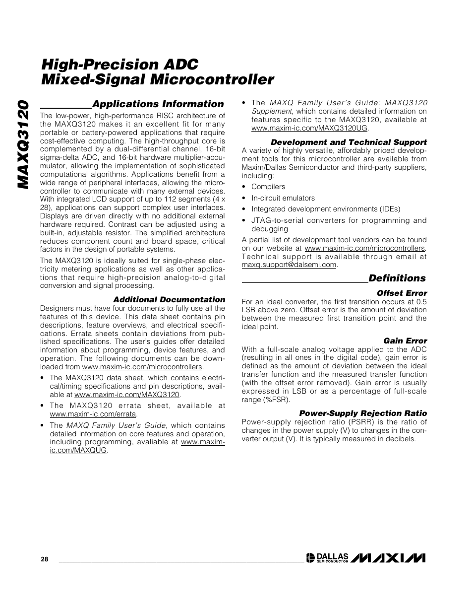Maxq3120, High-precision adc mixed-signal microcontroller, Applications information | Definitions | Rainbow Electronics MAXQ3120 User Manual | Page 28 / 33