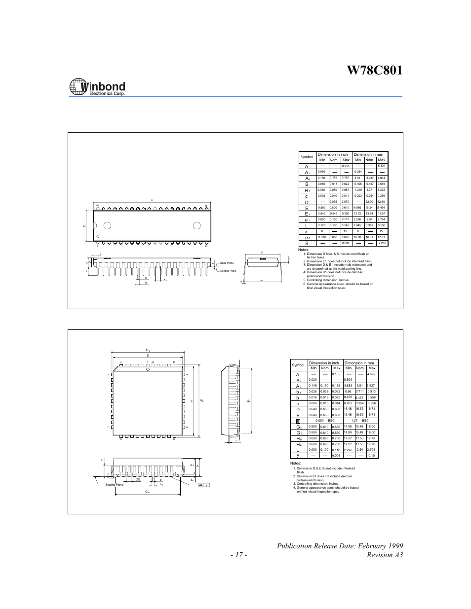 Package dimensions, Pin dip, Pin plcc | Rainbow Electronics W78C801 User Manual | Page 17 / 18